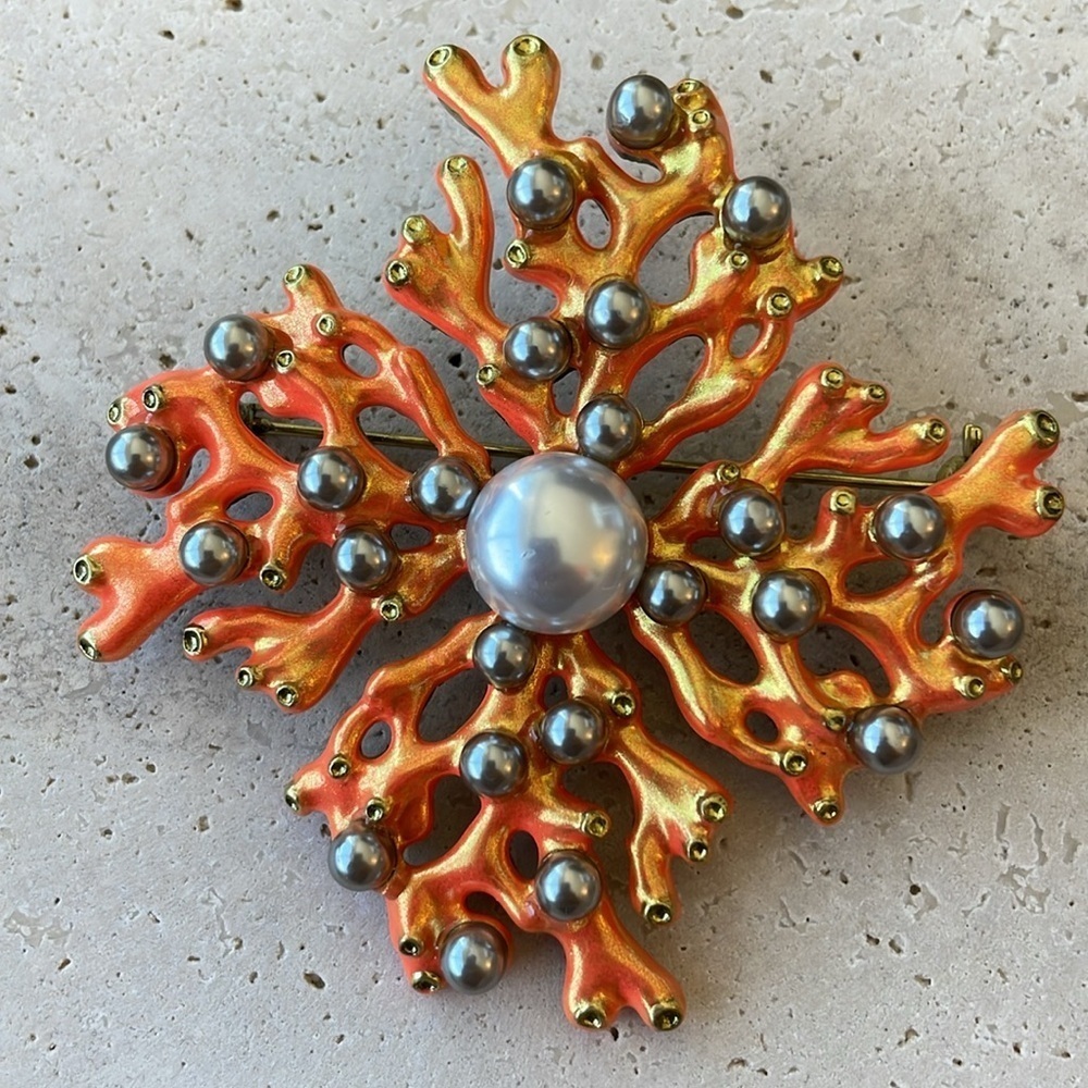 KJL KENNETH J LANE Large Enamel Brooch Coral Branch Faux Pearl Vintage Pin